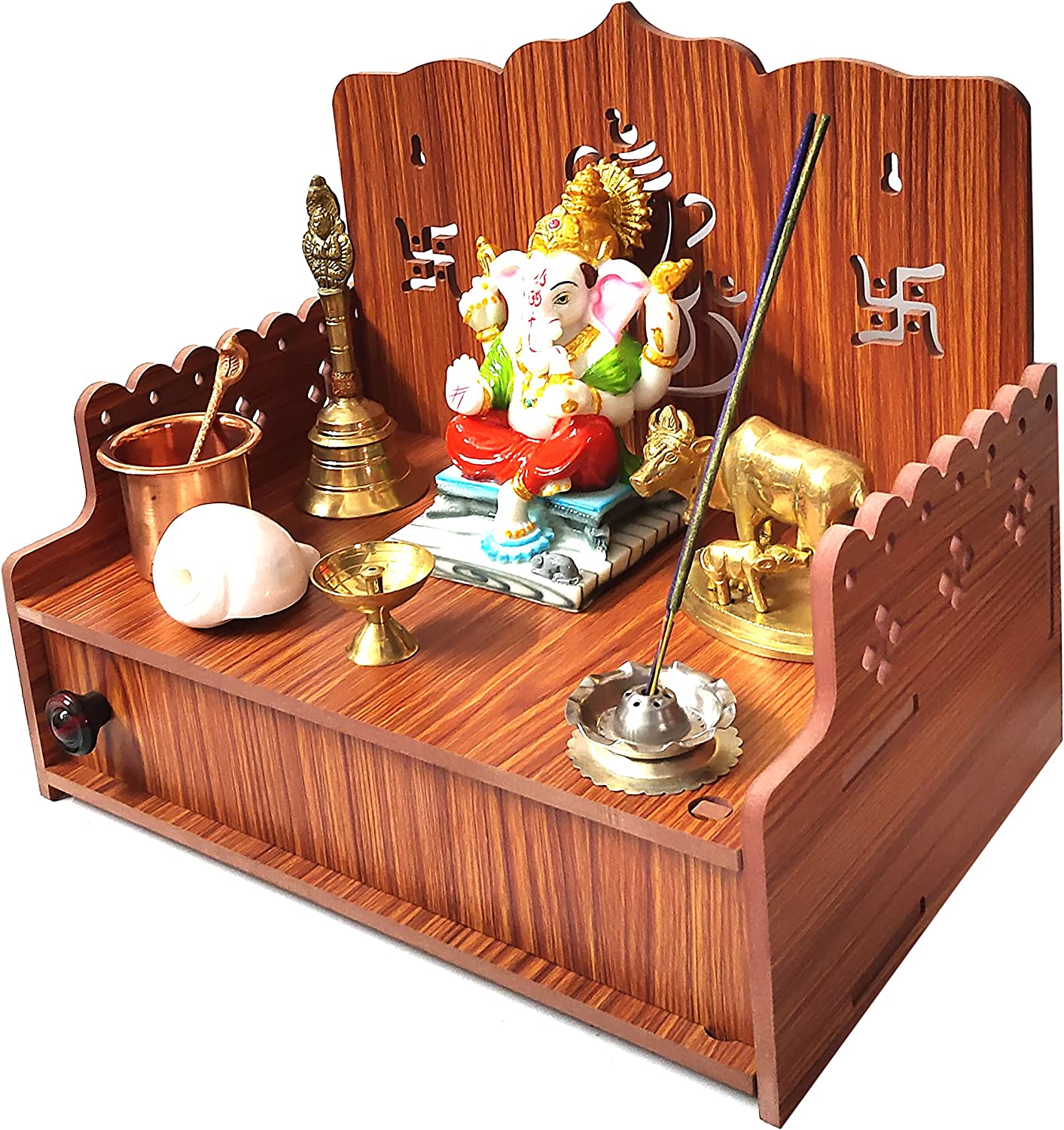 GROSSē MDF Wooden Temple Wall Mounted Hanging Table top Pooja Mandir God Stand Shelf for Home, Office, School and Gifting (Ganesh)