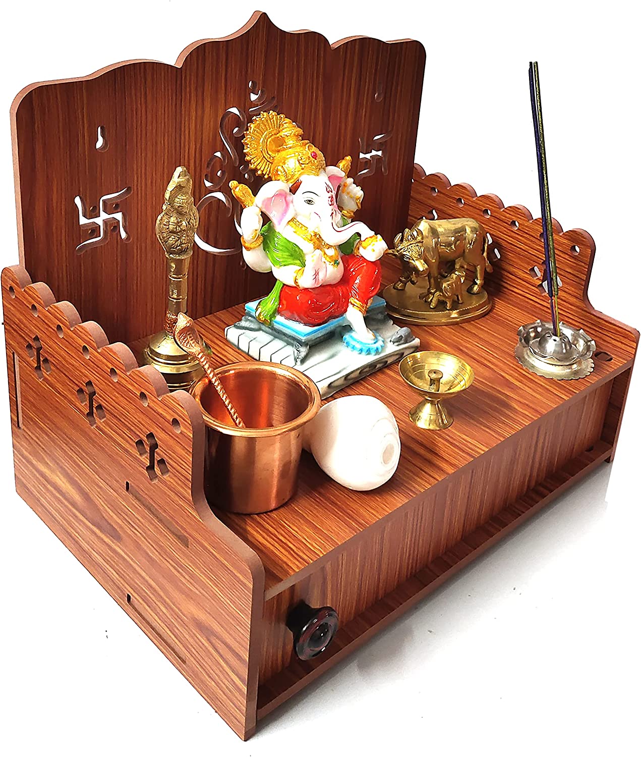 GROSSē MDF Wooden Temple Wall Mounted Hanging Table top Pooja Mandir God Stand Shelf for Home, Office, School and Gifting (Ganesh)