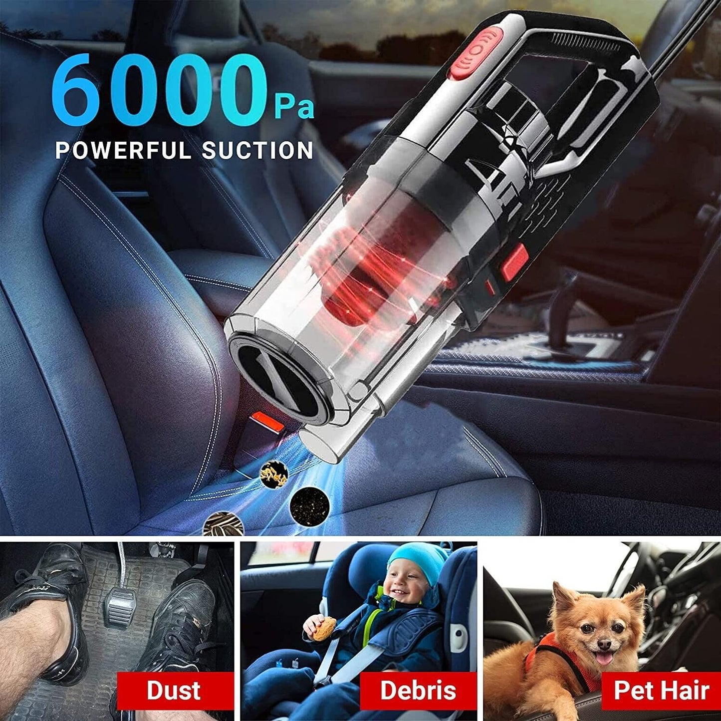 Powerful Car Vacuum Cleaner Handheld Wet & Dry Portable Auto 150W 6000PA