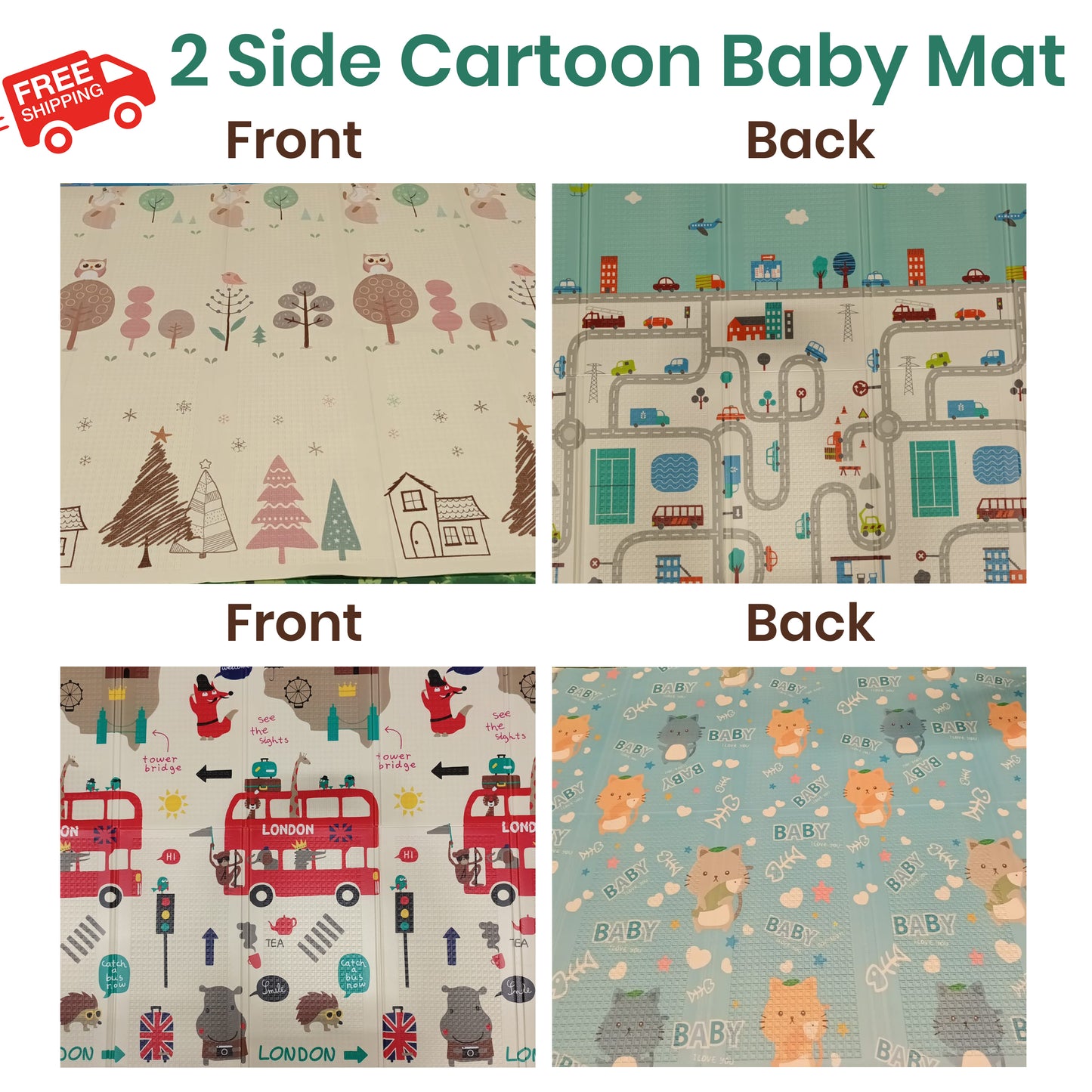 2 Side Cartoon Baby Mat Kids Crawling Educational Play Soft Foam Foldable Waterproof Gift