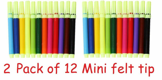 2 x PACK OF 12 MINI COLOR FELT TIP FIBRE WATER COLOR PENS SCHOOL KIDS ART