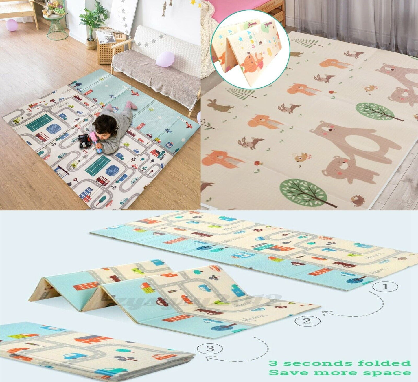 Play Mat 2 Side Baby Kids Crawling Soft Blanket Folding Waterproof Floor Carpet