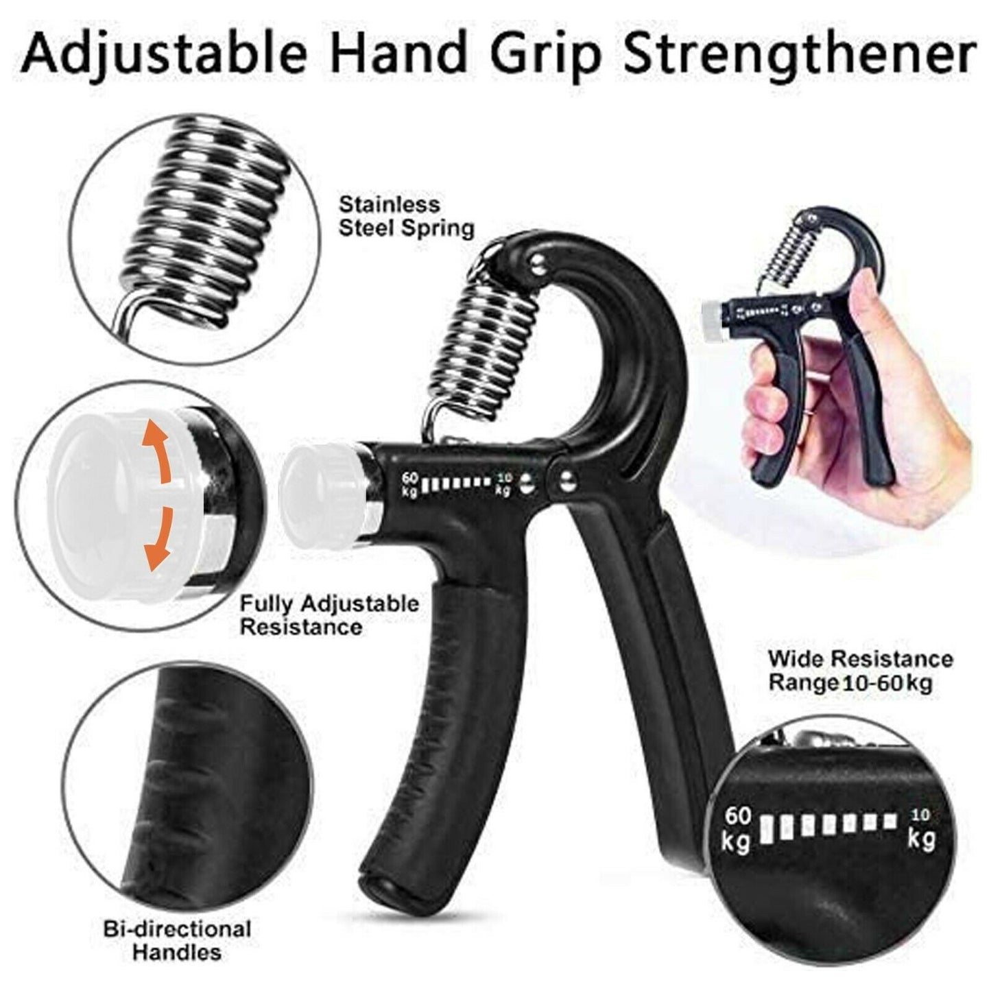 10-40KG Adjustable Hand Grip Strengthener Wrist Forearm Trainer Exerciser UK