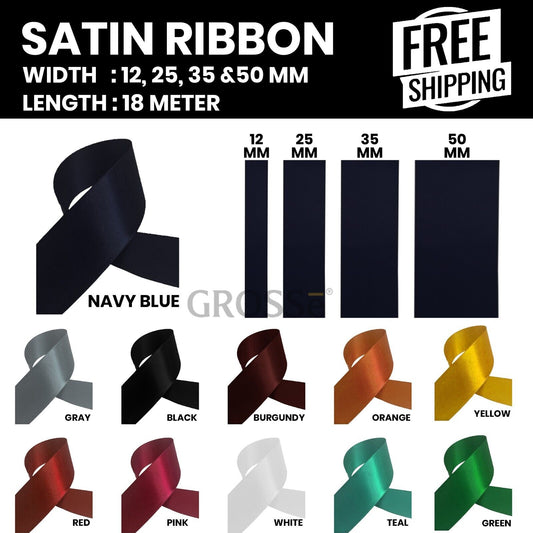 14 Colours Satin Ribbon 18 Metre Rolls 12mm, 25mm, 35mm, 50mm Wide