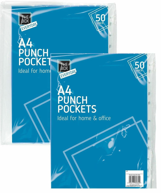 2 X 50pk A4 Plastic Punch Punched Pochets 30Micron Folders Filing Wallets Sleeves