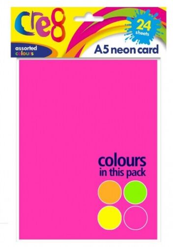 24 Sheets A5 Neon Card Multi Coloured Fluorescent Smooth Poster Thick 200gsm