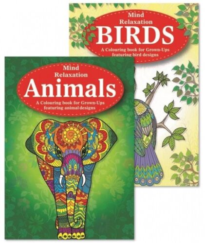 2 x MIND RELAXING COLOURING BOOK SET Adult Stress Relief Therapy Animal & Bird