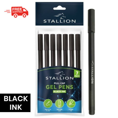 7 x Stallion Pull Cap Gel Pen Black Ink Smooth Flow 0.7 MM Tip