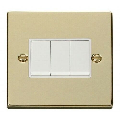 Victorian Polished Brass 3 Gang 1 Way Rocker Light Switch White Insert