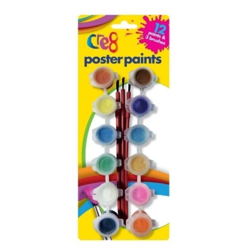 12 Poster paints with 3 Brushes Set Paint Children's Art & Crafts 15 piece