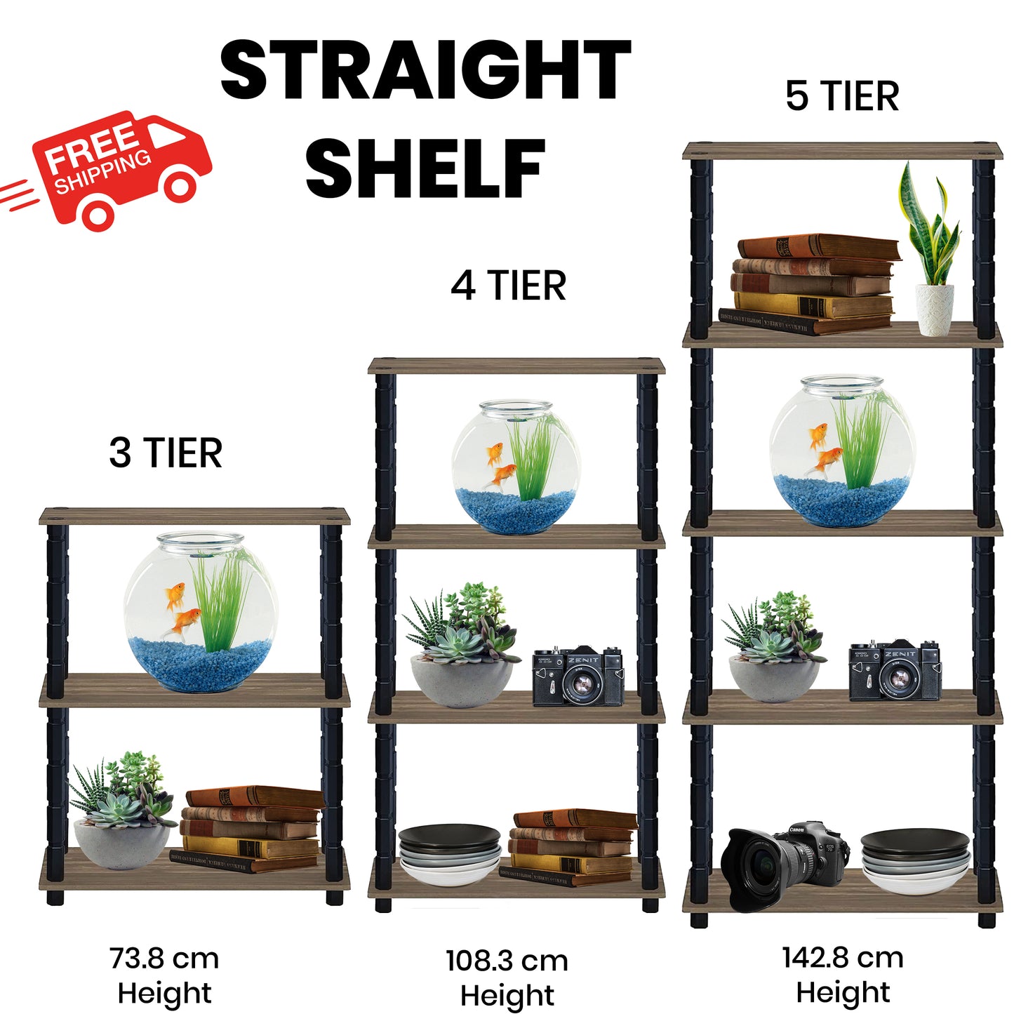 Turn-N-Tube 3/4/5 Tier Multipurpose Straight Shelf Home Storage Bookcase